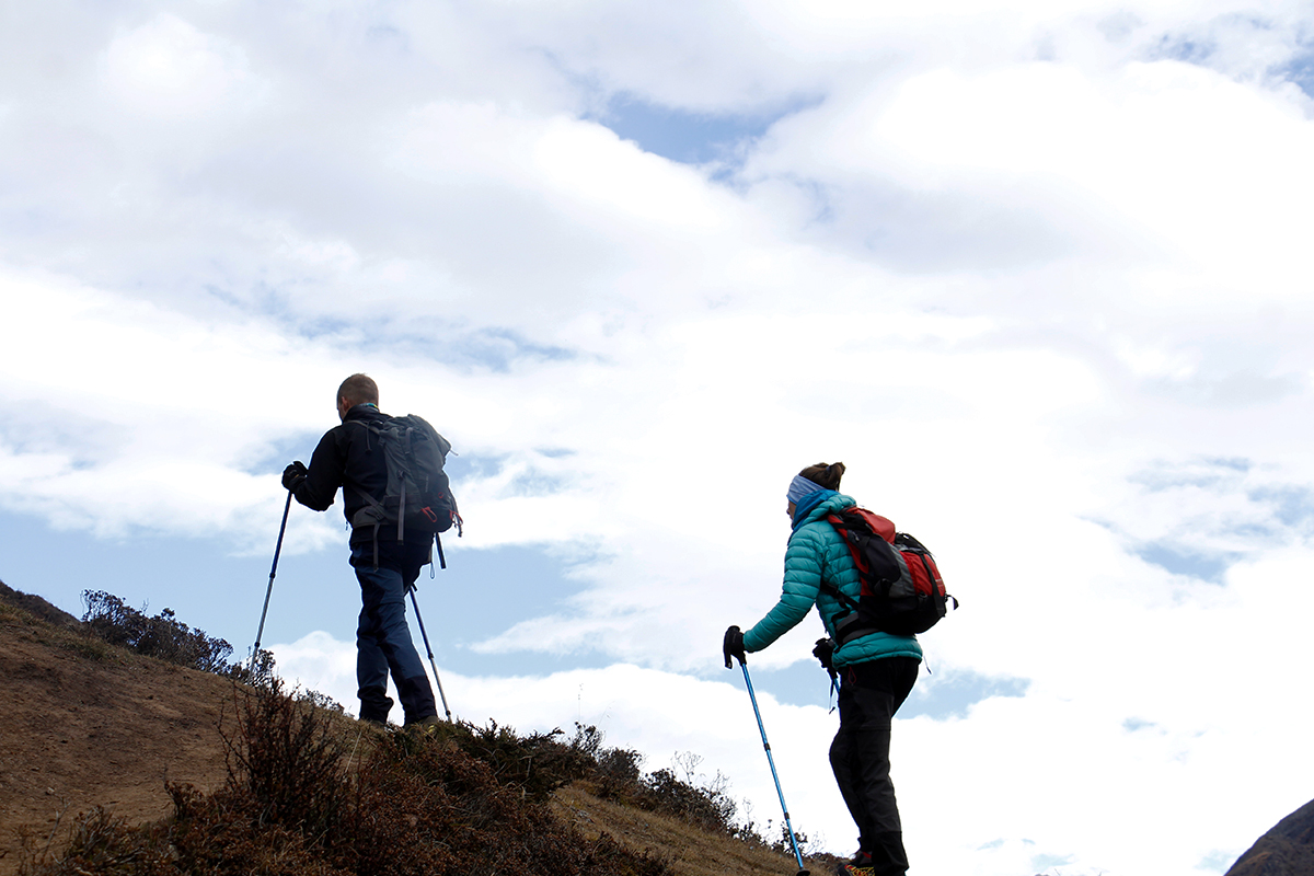 Two trekkers hiking to the Everest View Point