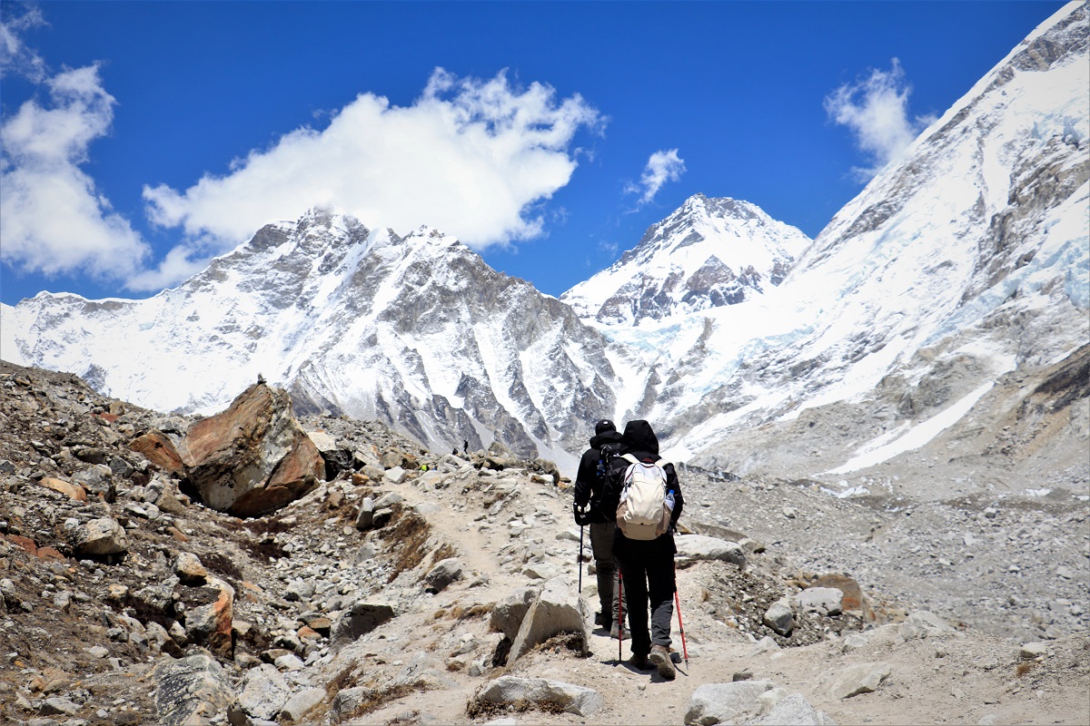 trekker hiking slowly in the everest region