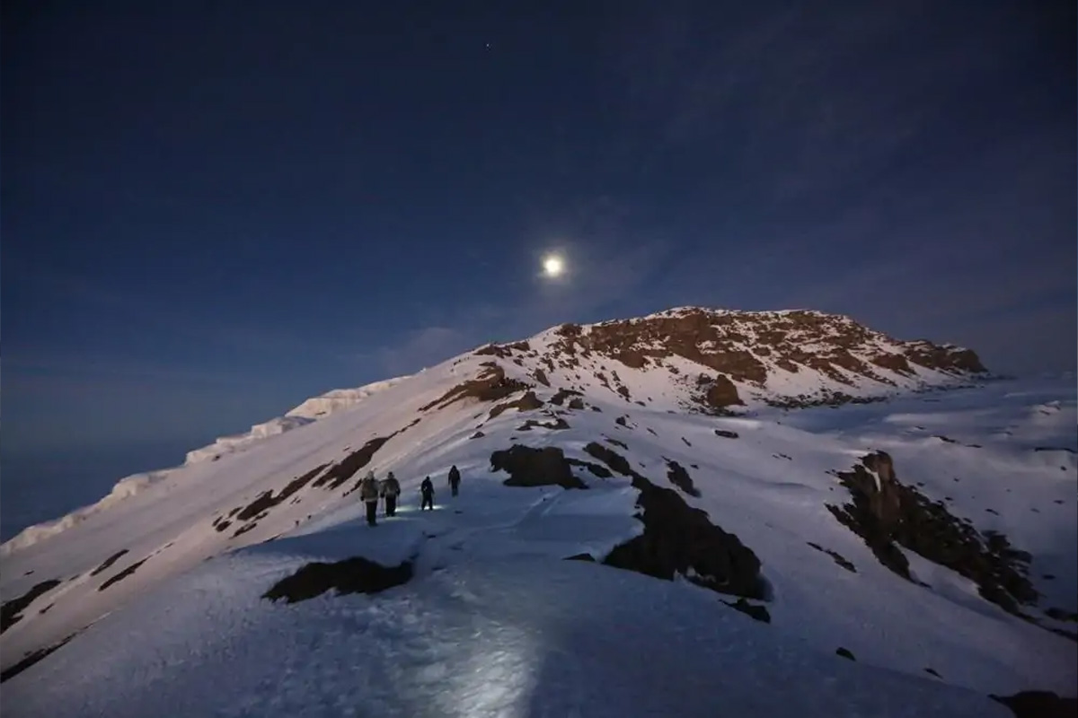 Climbers ascending Kilimanjaro under a full moon